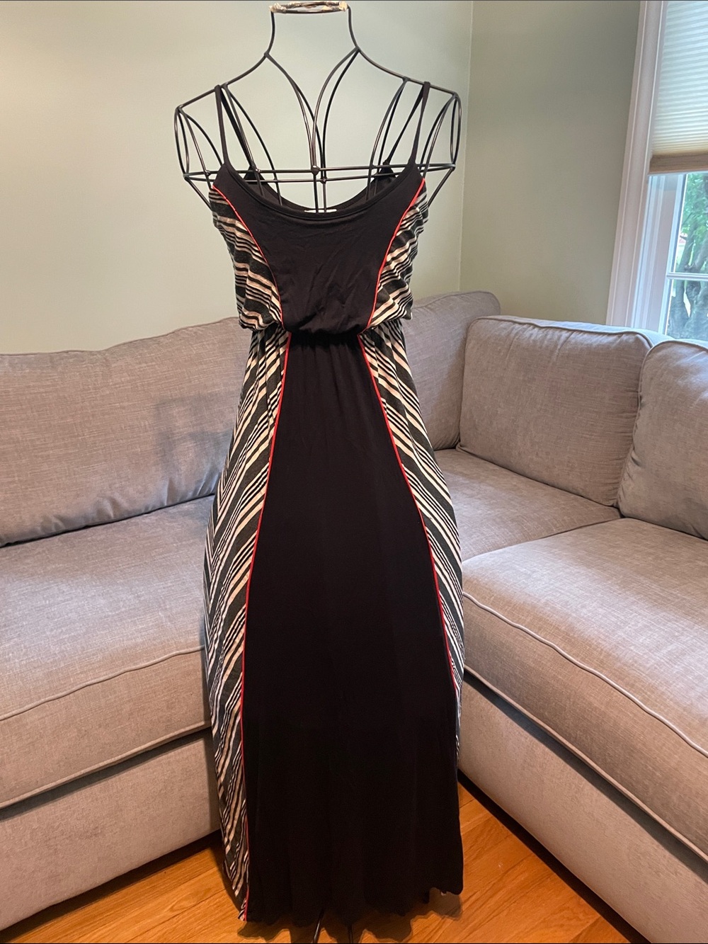 Bar III Black Maxi Dress with Striped Side Panels and Red Trim